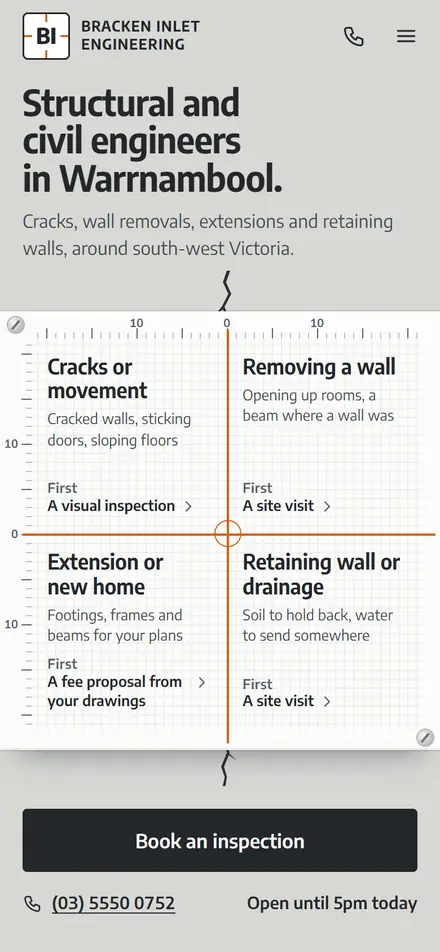 Example homepage for Bracken Inlet Engineering, a fictional engineering practice in Warrnambool