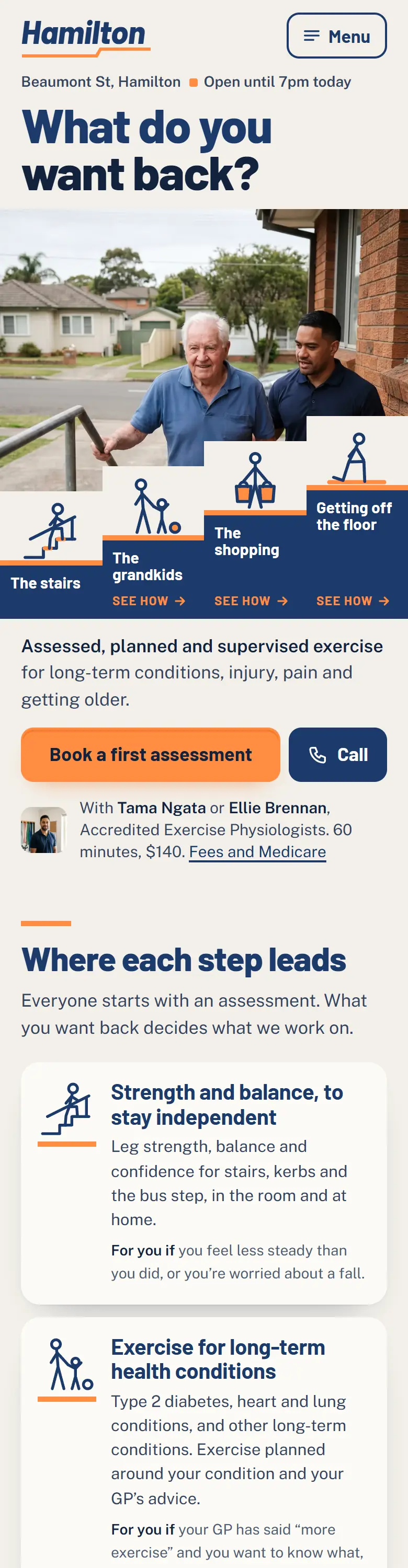 Example homepage for Hamilton Exercise Physiology, a fictional exercise physiology clinic in Hamilton