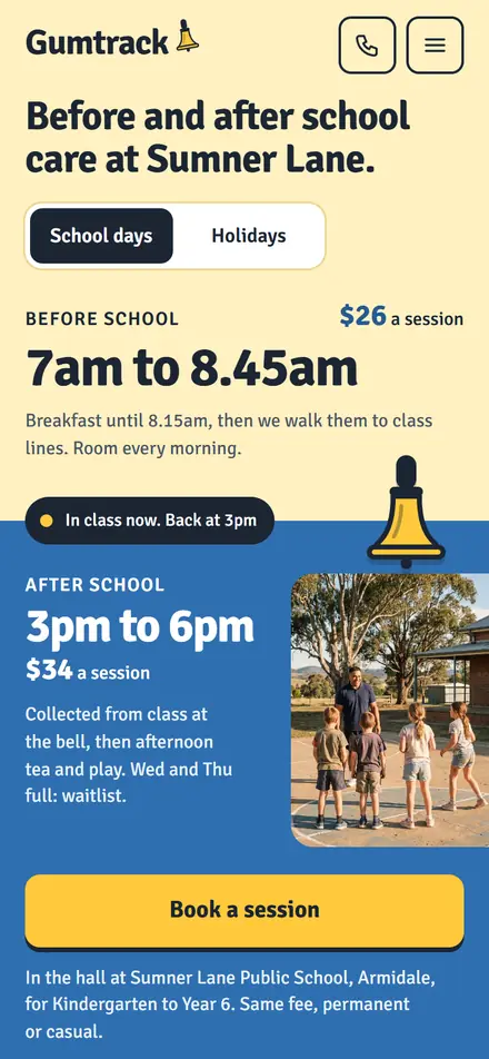 Example homepage for Gumtrack After School Club, a fictional after school care service in Armidale