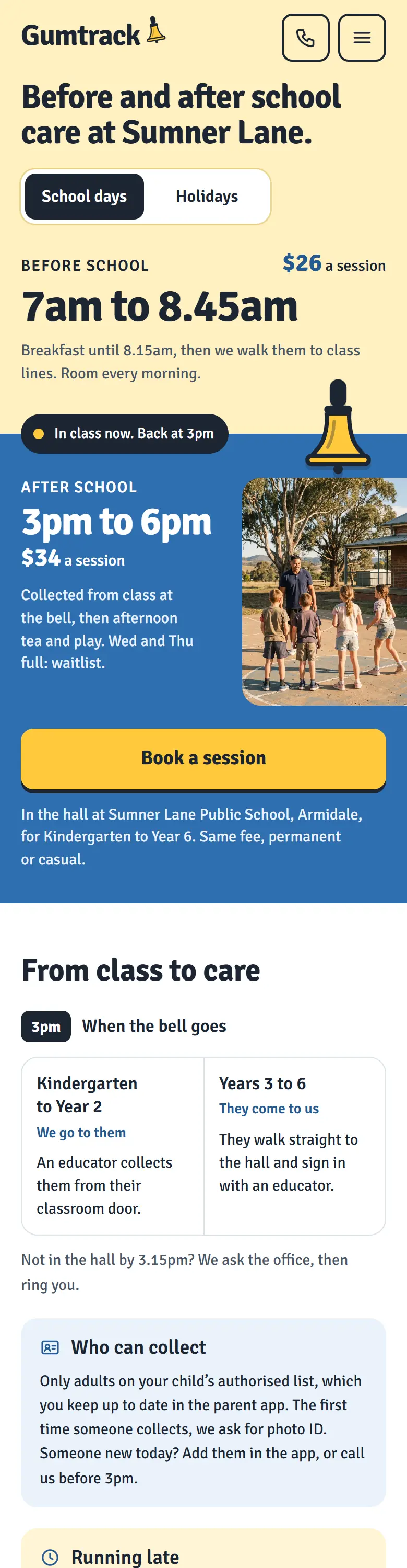 Example homepage for Gumtrack After School Club, a fictional after school care service in Armidale