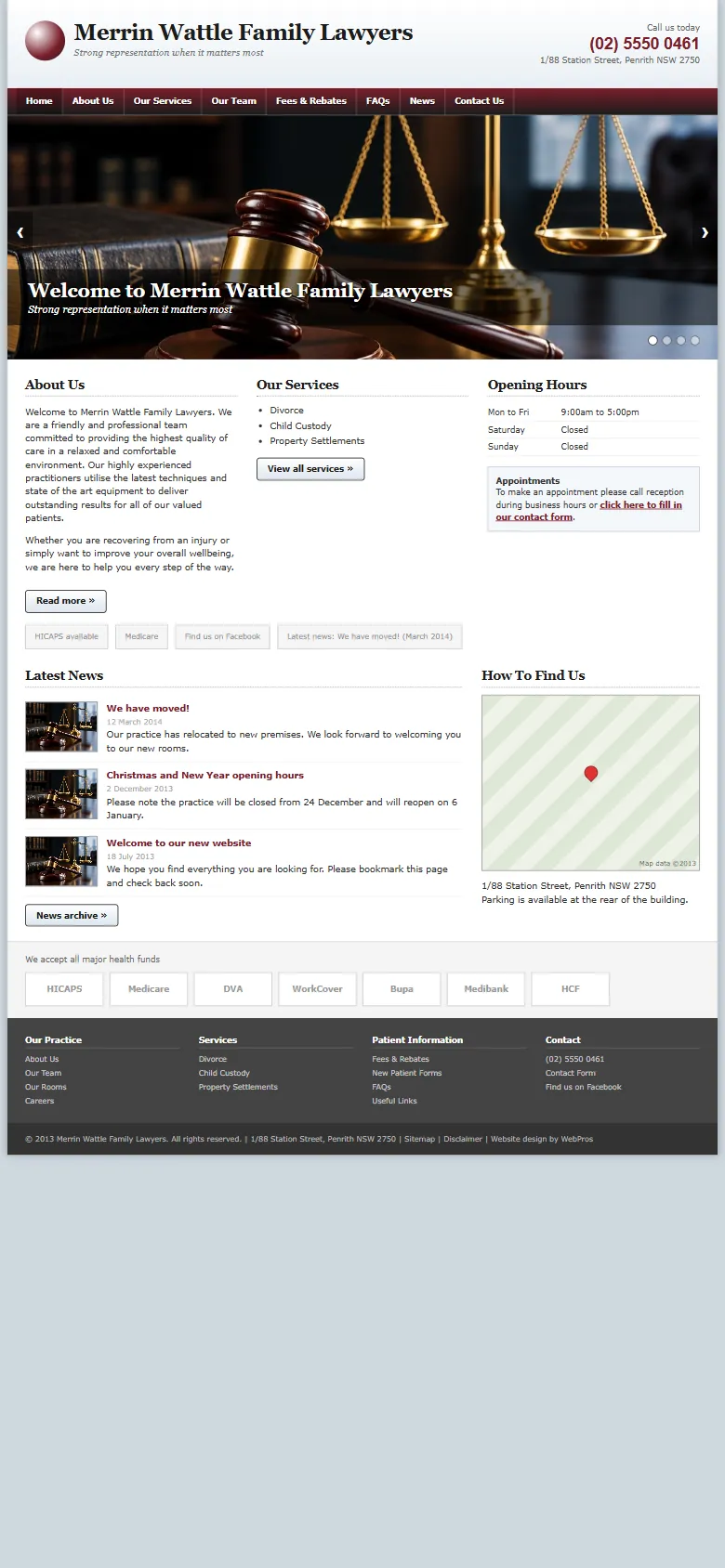 An illustrative old homepage for Merrin Wattle Family Law, a fictional family law firm in Penrith, before the rebuild