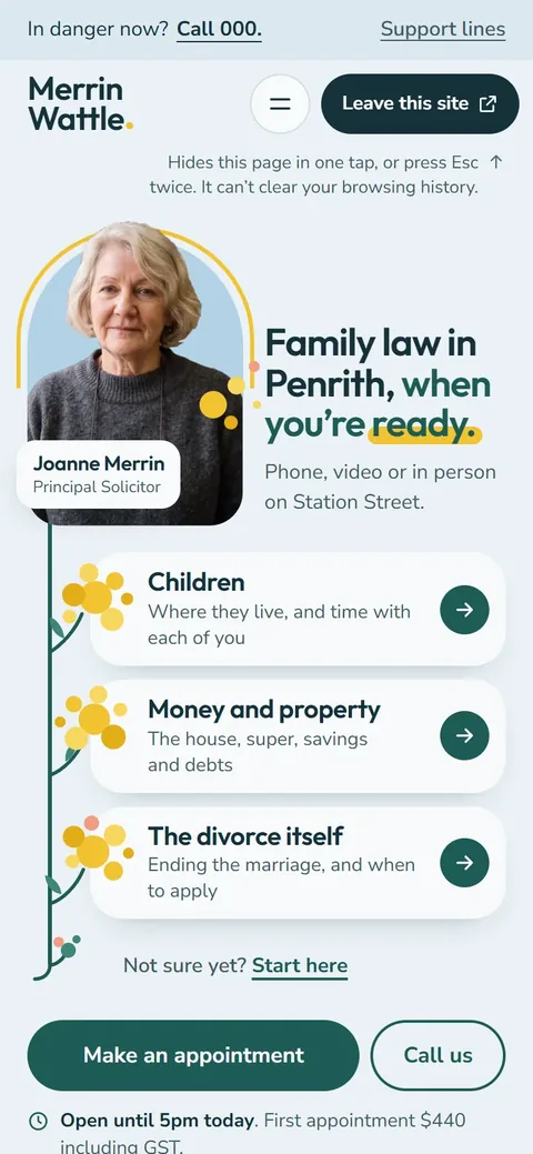 Example homepage for Merrin Wattle Family Law, a fictional family law firm in Penrith