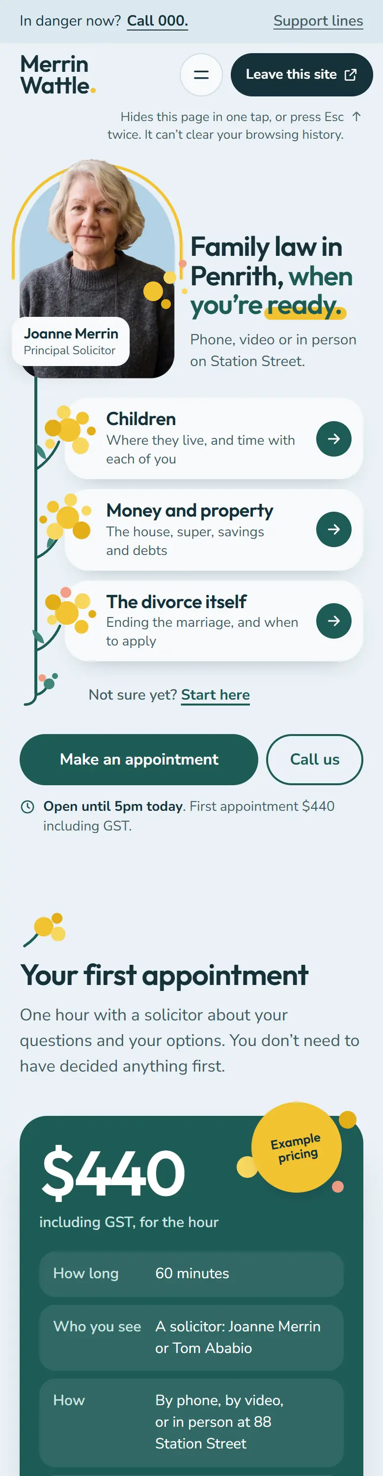 Example homepage for Merrin Wattle Family Law, a fictional family law firm in Penrith