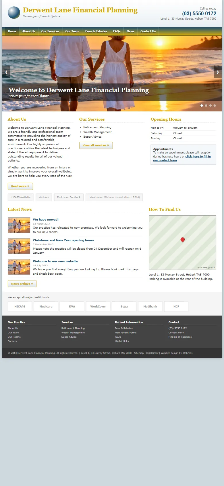 An illustrative old homepage for Derwent Lane Financial Planning, a fictional financial planning practice in Hobart, before the rebuild