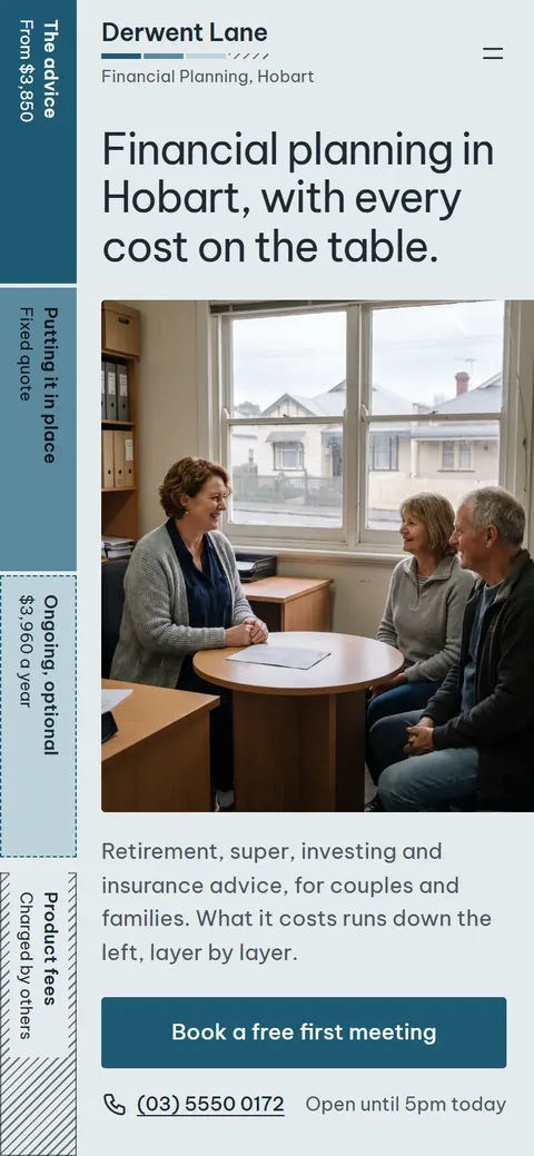Example homepage for Derwent Lane Financial Planning, a fictional financial planning practice in Hobart