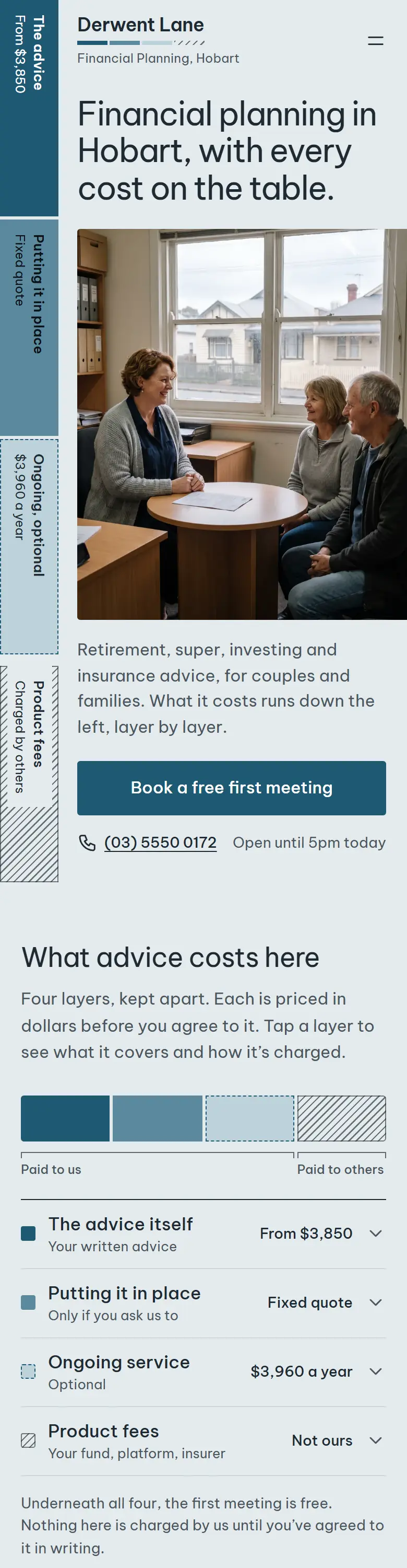 Example homepage for Derwent Lane Financial Planning, a fictional financial planning practice in Hobart