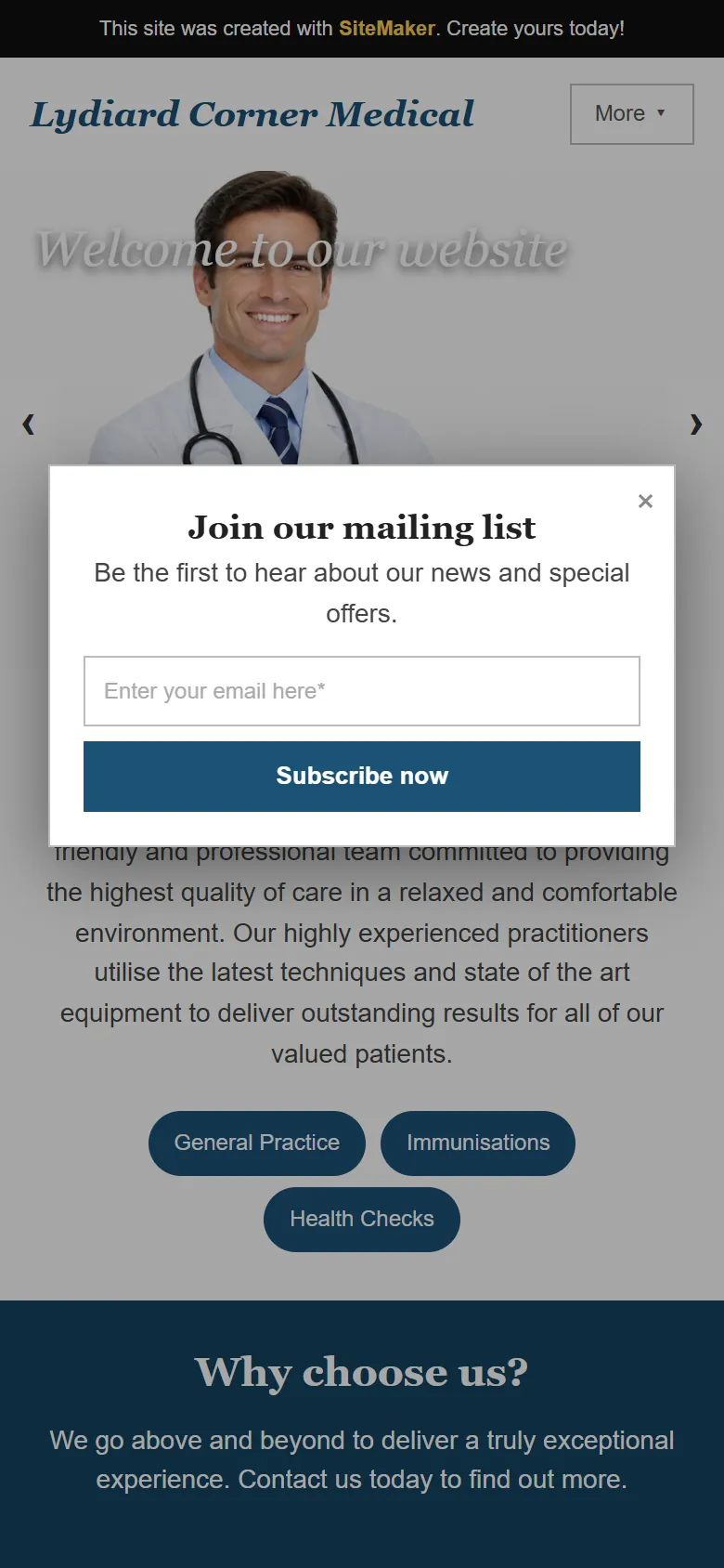 An illustrative old homepage for Lydiard Corner Medical, a fictional medical centre in Ballarat, before the rebuild