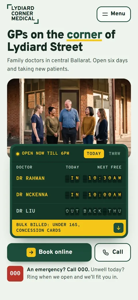 Example homepage for Lydiard Corner Medical, a fictional medical centre in Ballarat