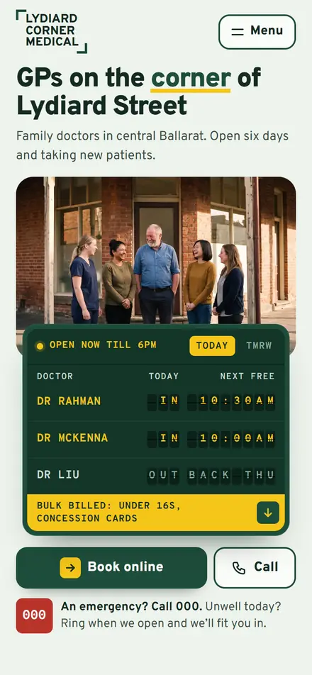 Example homepage for Lydiard Corner Medical, a fictional medical centre in Ballarat