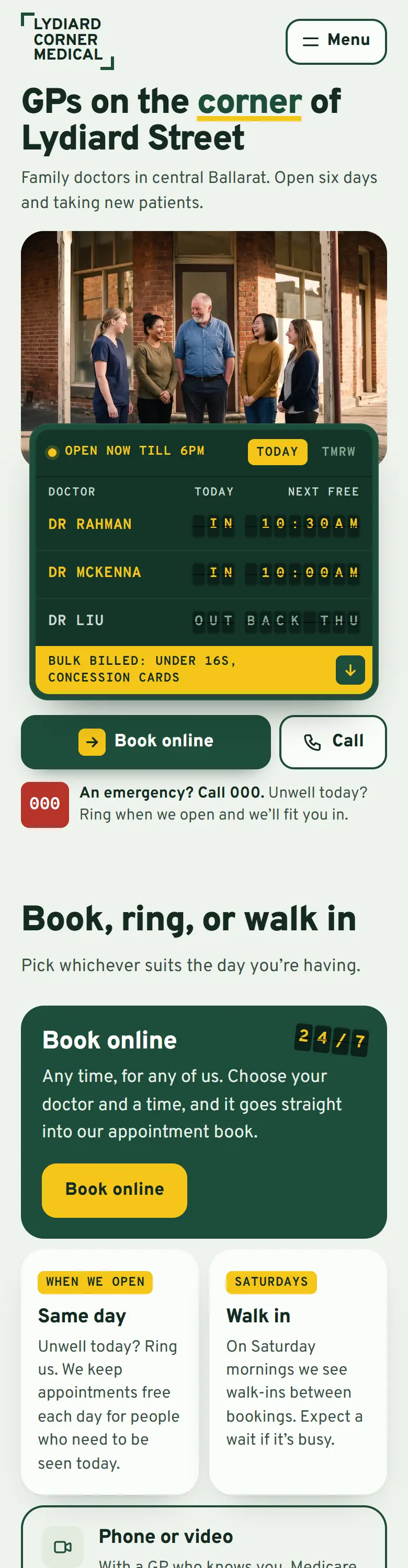 Example homepage for Lydiard Corner Medical, a fictional medical centre in Ballarat