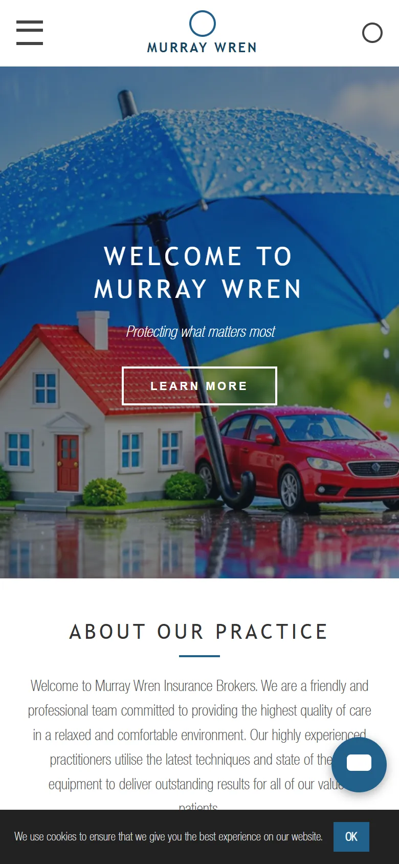 An illustrative old homepage for Murray Wren Insurance Brokers, a fictional insurance broking practice in Albury, before the rebuild