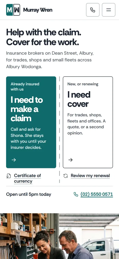 Example homepage for Murray Wren Insurance Brokers, a fictional insurance broking practice in Albury