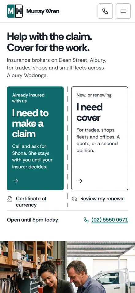 Example homepage for Murray Wren Insurance Brokers, a fictional insurance broking practice in Albury