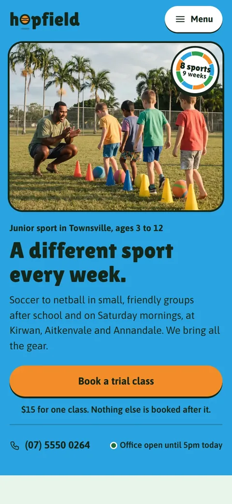 Example homepage for Hopfield Junior Sport, a fictional kids’ sport program in Townsville