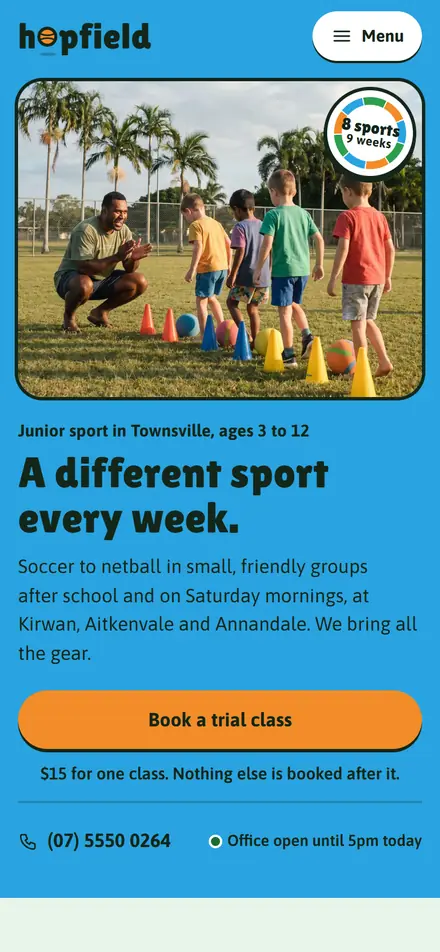 Example homepage for Hopfield Junior Sport, a fictional kids’ sport program in Townsville