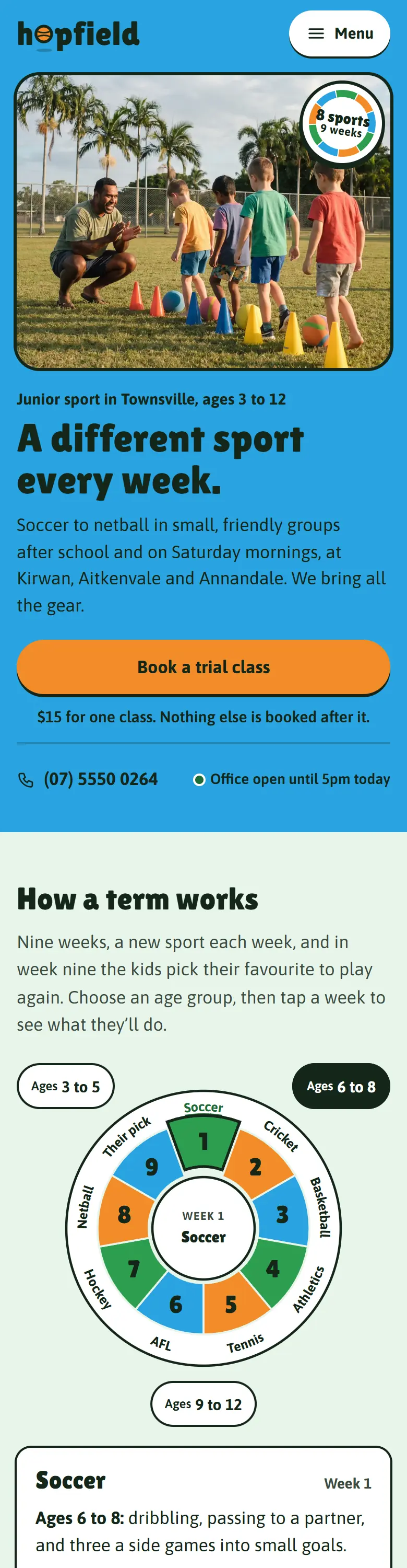 Example homepage for Hopfield Junior Sport, a fictional kids’ sport program in Townsville
