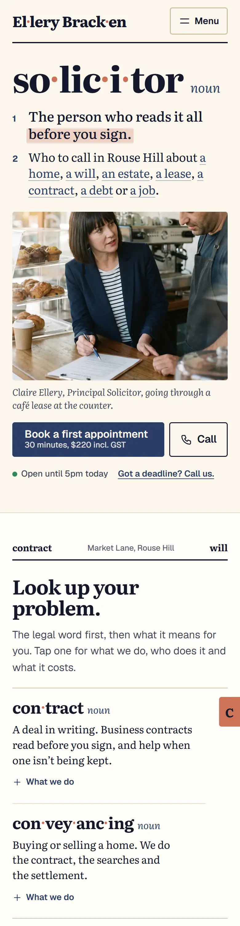 Example homepage for Ellery Bracken Legal, a fictional law firm in Rouse Hill