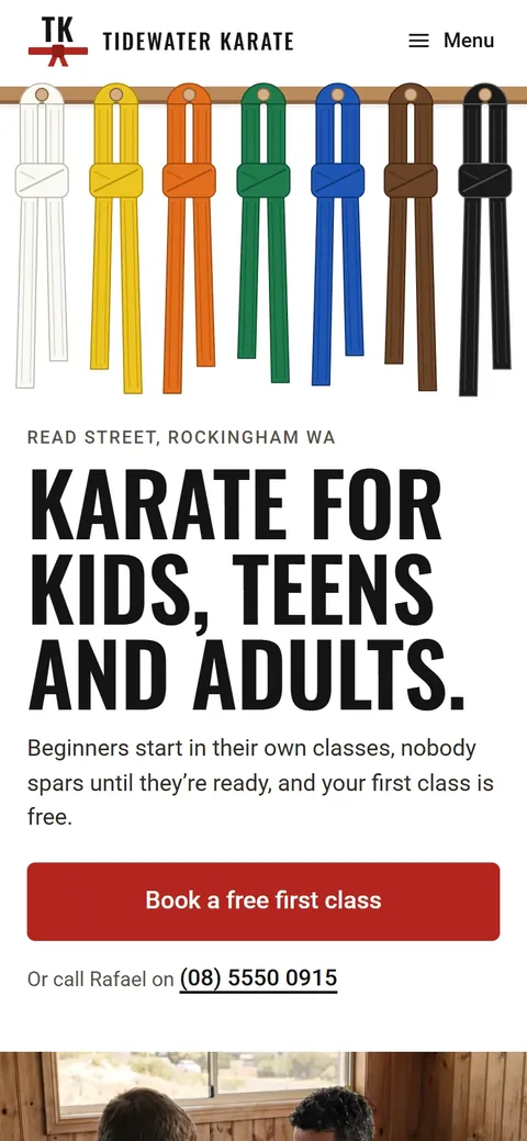 Example homepage for Tidewater Karate, a fictional martial arts school in Rockingham