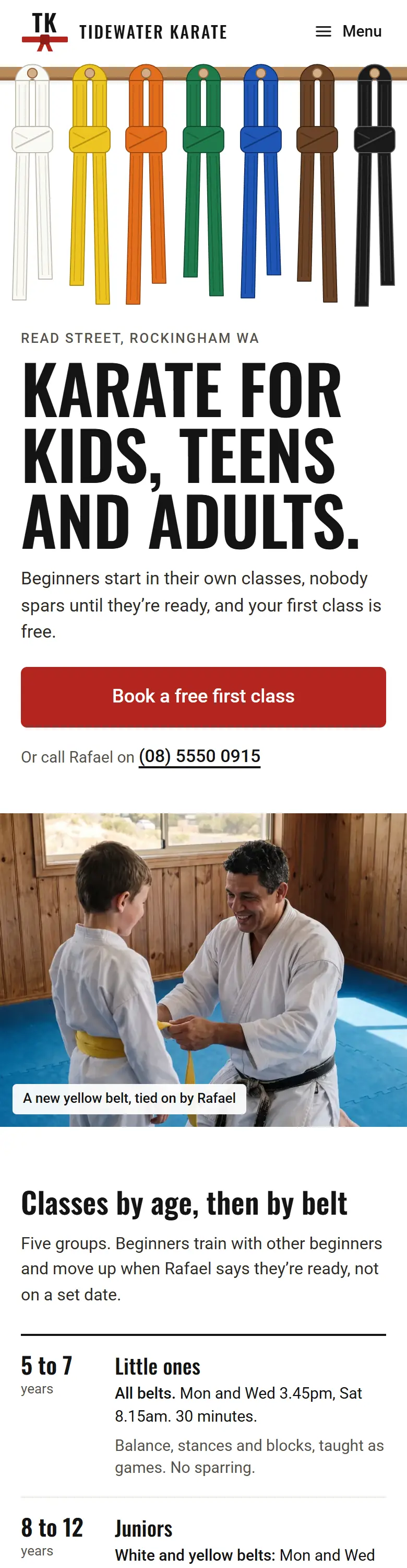 Example homepage for Tidewater Karate, a fictional martial arts school in Rockingham