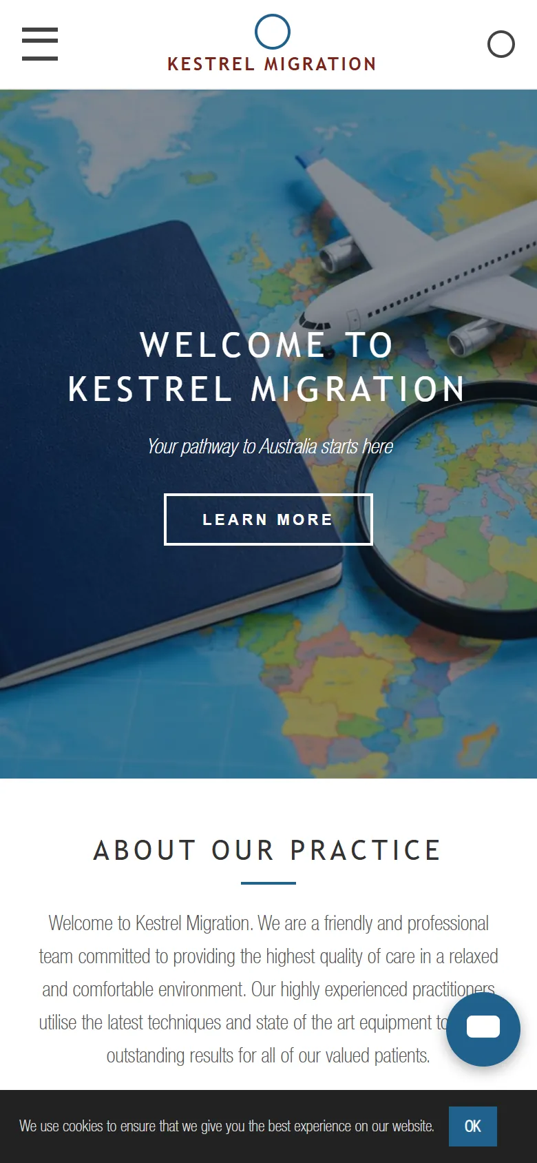 An illustrative old homepage for Kestrel Migration, a fictional migration practice in Footscray, before the rebuild