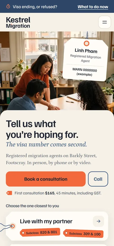 Example homepage for Kestrel Migration, a fictional migration practice in Footscray