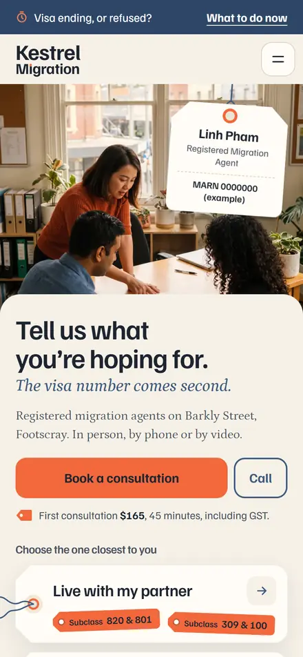 Example homepage for Kestrel Migration, a fictional migration practice in Footscray