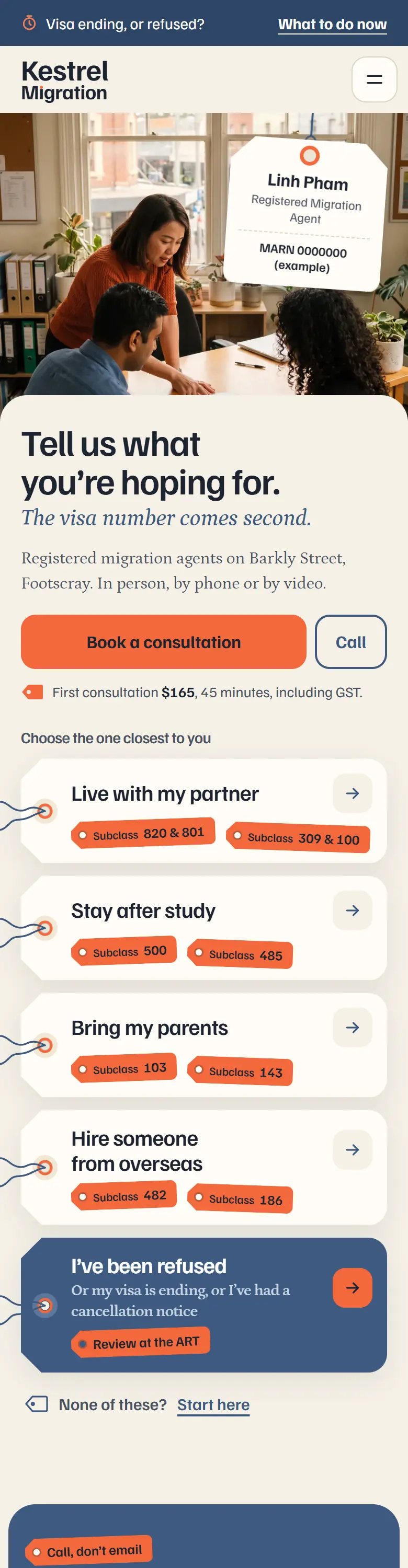 Example homepage for Kestrel Migration, a fictional migration practice in Footscray