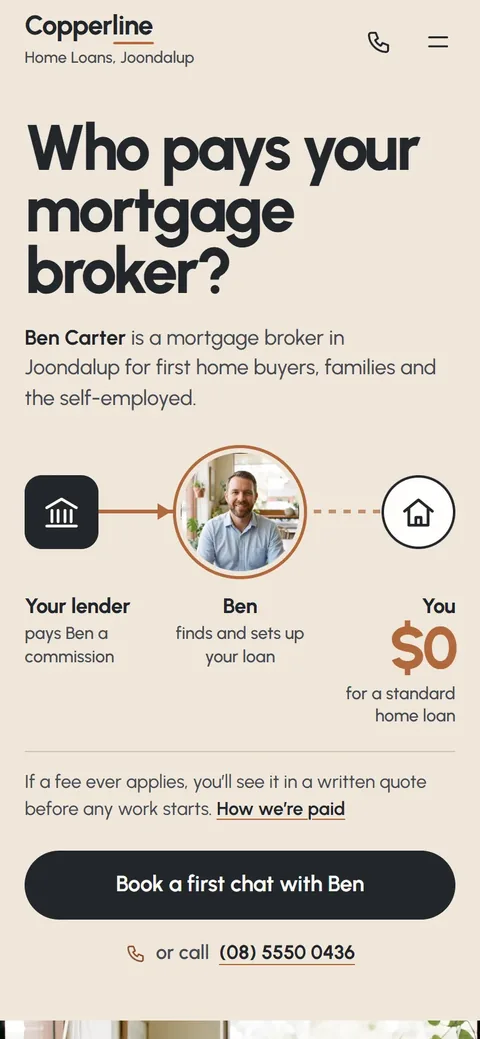 Example homepage for Copperline Home Loans, a fictional mortgage broking practice in Joondalup