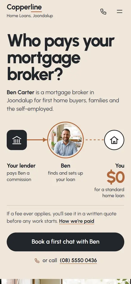 Example homepage for Copperline Home Loans, a fictional mortgage broking practice in Joondalup