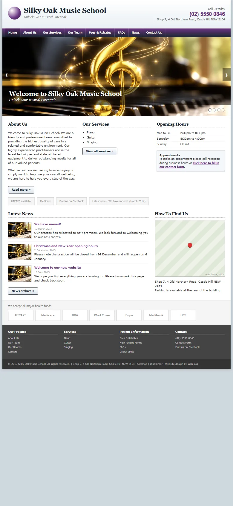 An illustrative old homepage for Silky Oak Music School, a fictional music school in Castle Hill, before the rebuild