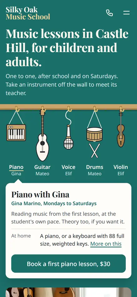 Example homepage for Silky Oak Music School, a fictional music school in Castle Hill