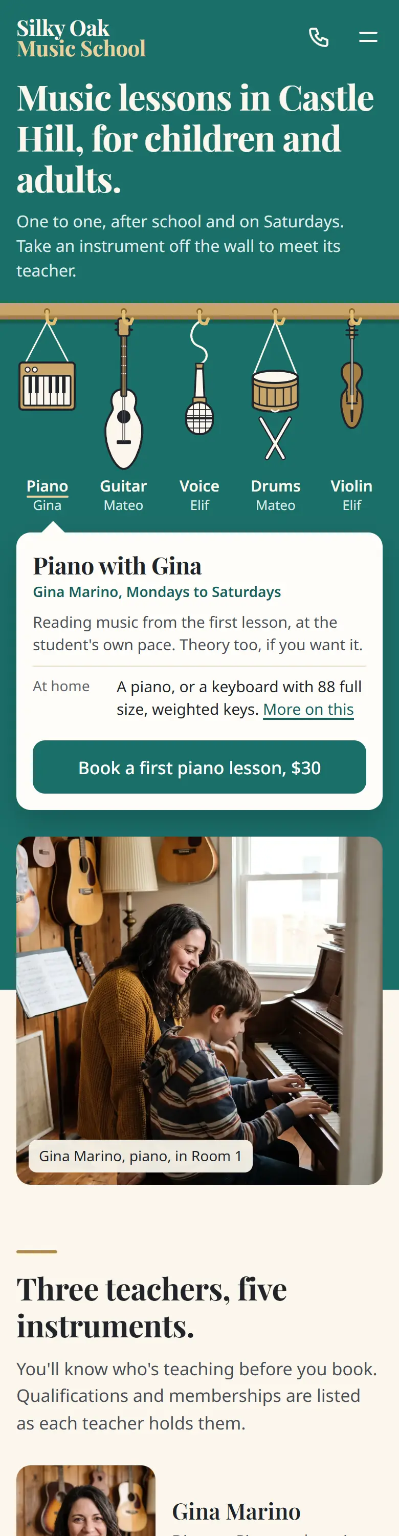 Example homepage for Silky Oak Music School, a fictional music school in Castle Hill