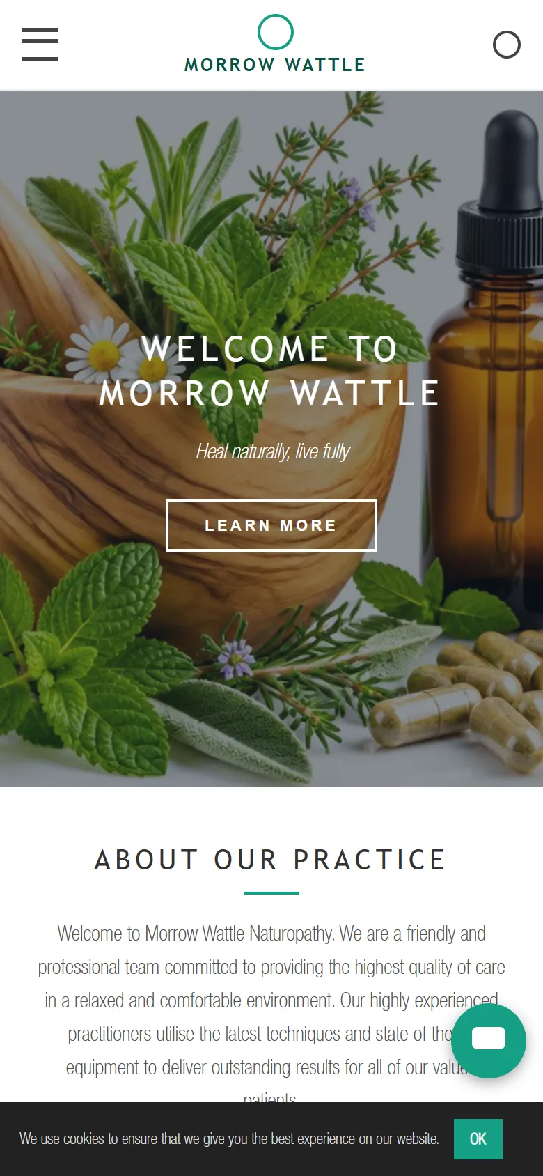 An illustrative old homepage for Morrow Wattle Naturopathy, a fictional naturopathy practice in Castlemaine, before the rebuild
