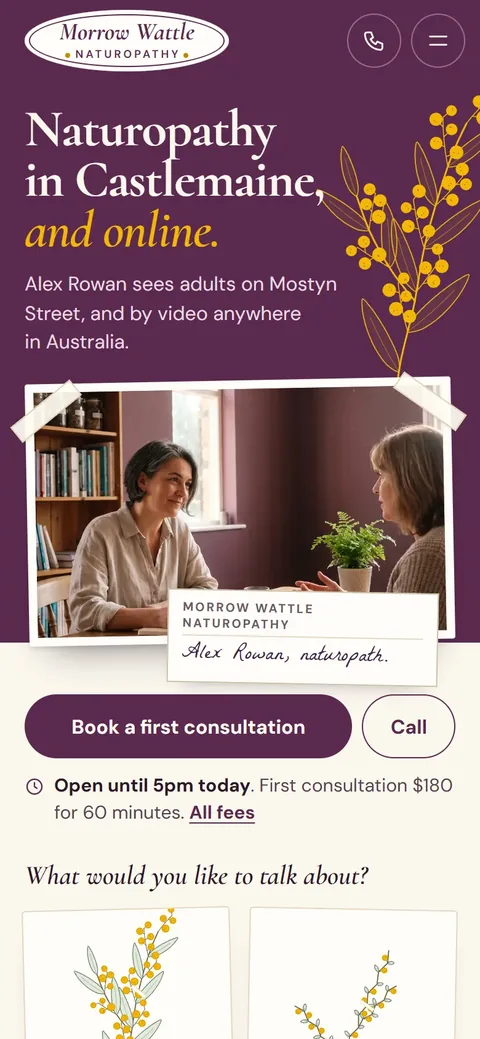 Example homepage for Morrow Wattle Naturopathy, a fictional naturopathy practice in Castlemaine