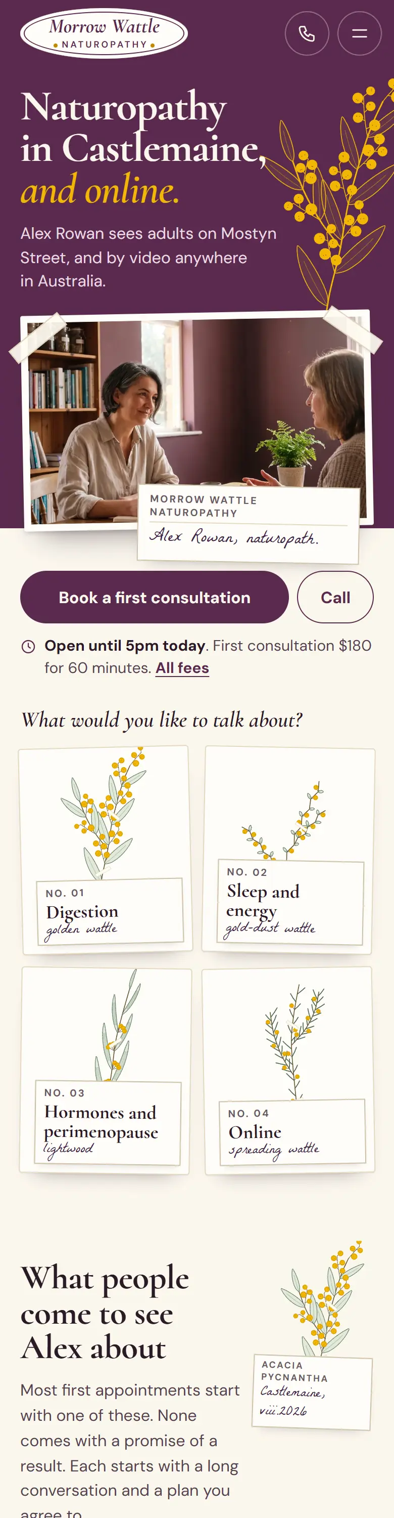 Example homepage for Morrow Wattle Naturopathy, a fictional naturopathy practice in Castlemaine