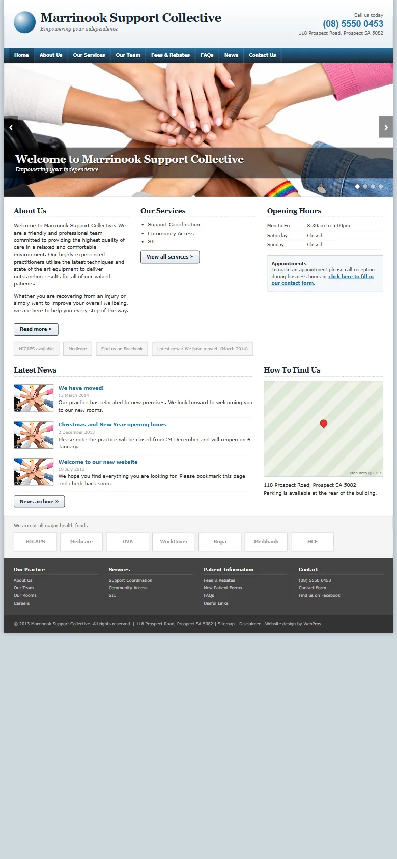 An illustrative old homepage for Marrinook Support Collective, a fictional NDIS support provider in Prospect, before the rebuild