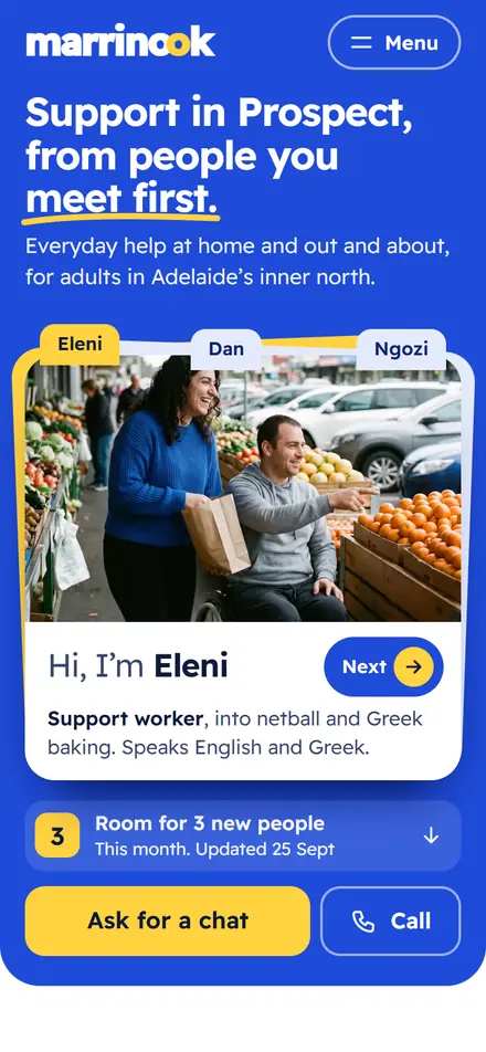 Example homepage for Marrinook Support Collective, a fictional NDIS support provider in Prospect