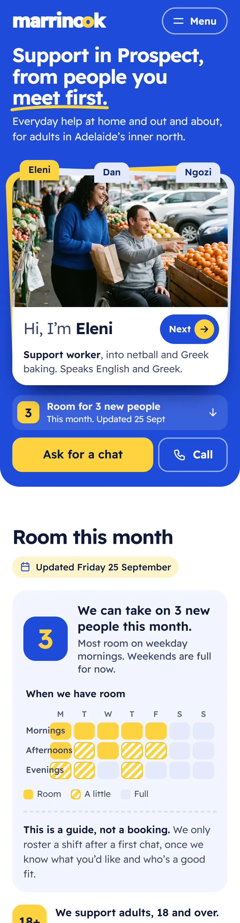 Example homepage for Marrinook Support Collective, a fictional NDIS support provider in Prospect