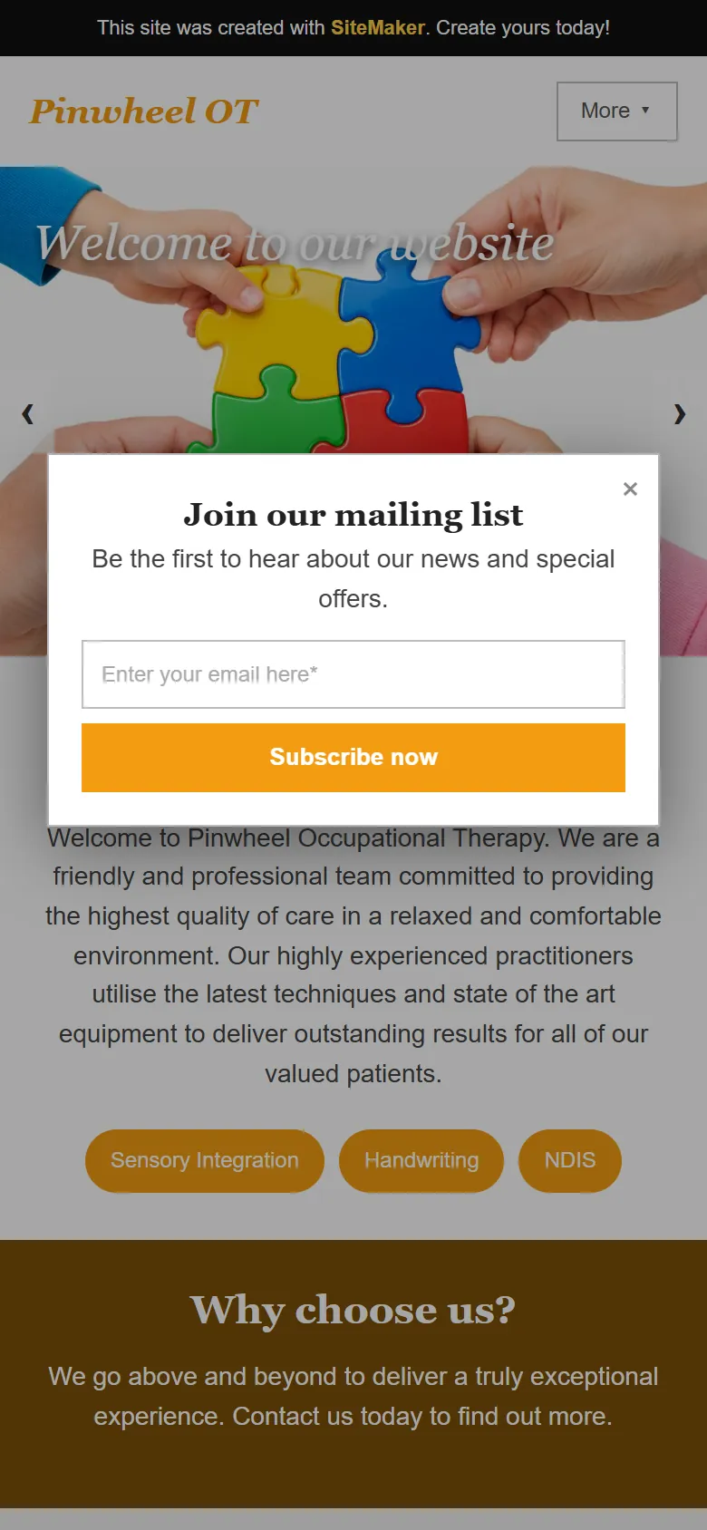 An illustrative old homepage for Pinwheel Occupational Therapy, a fictional occupational therapy practice in Gungahlin, before the rebuild
