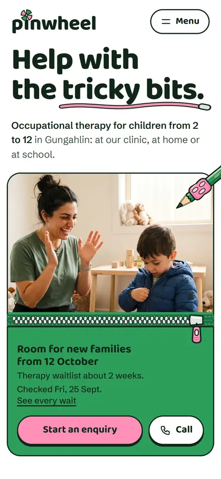 Example homepage for Pinwheel Occupational Therapy, a fictional occupational therapy practice in Gungahlin