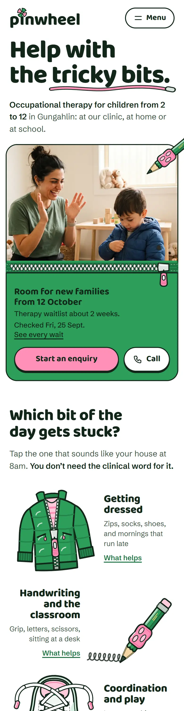 Example homepage for Pinwheel Occupational Therapy, a fictional occupational therapy practice in Gungahlin