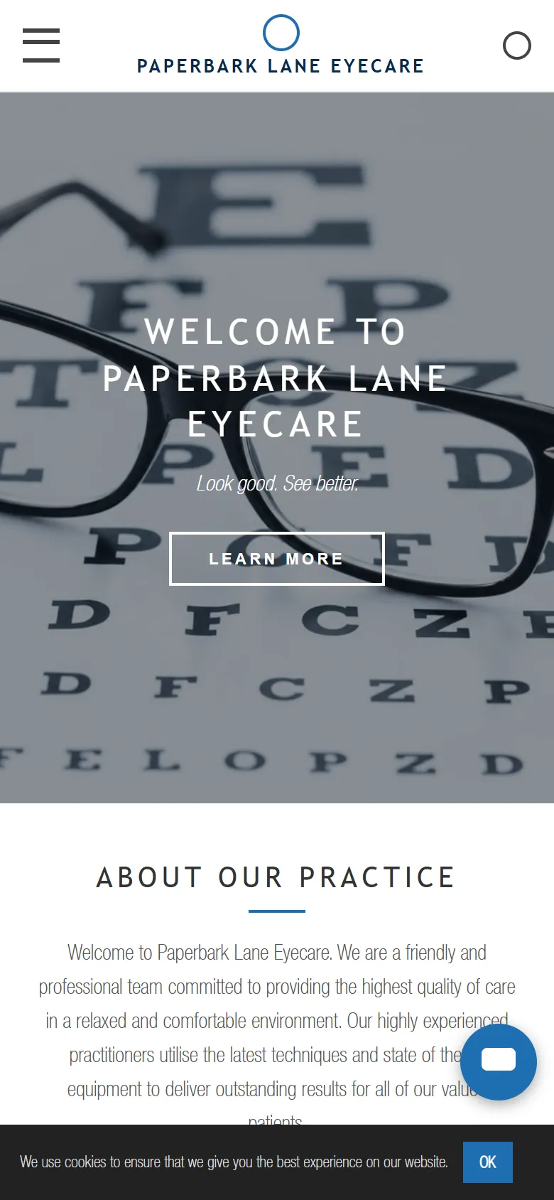 An illustrative old homepage for Paperbark Lane Eyecare, a fictional optometry practice in Boronia, before the rebuild