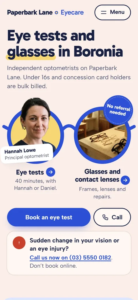Example homepage for Paperbark Lane Eyecare, a fictional optometry practice in Boronia