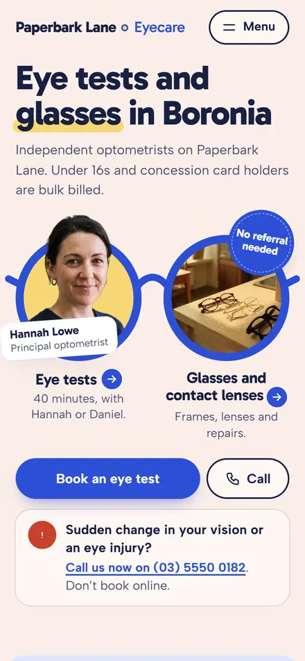 Example homepage for Paperbark Lane Eyecare, a fictional optometry practice in Boronia