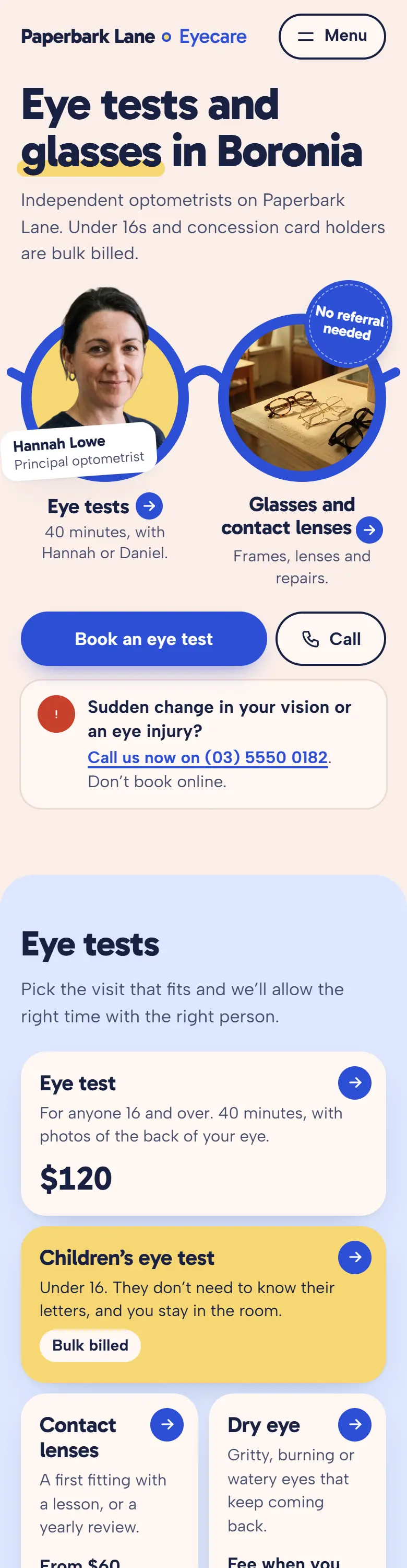 Example homepage for Paperbark Lane Eyecare, a fictional optometry practice in Boronia