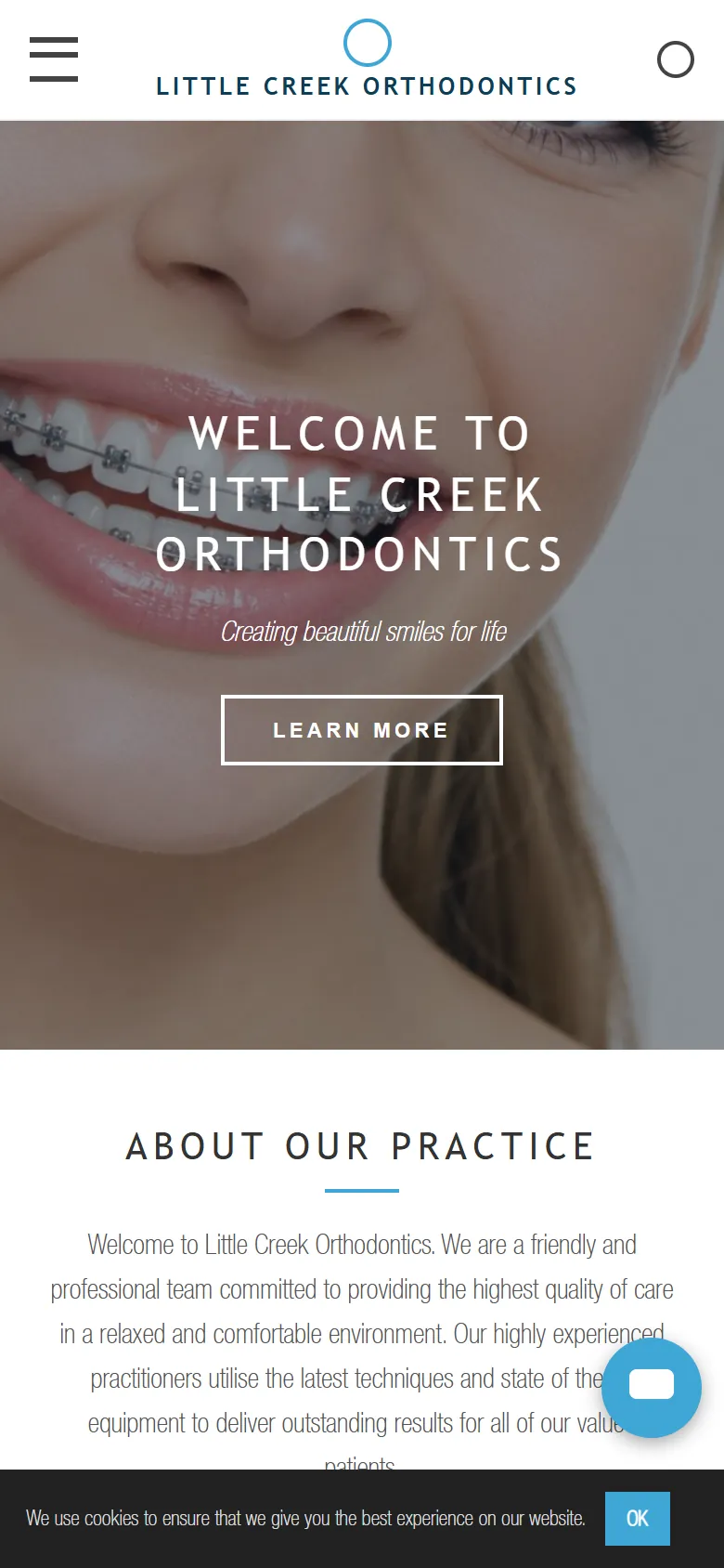 An illustrative old homepage for Little Creek Orthodontics, a fictional orthodontic practice in Kellyville, before the rebuild