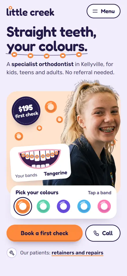 Example homepage for Little Creek Orthodontics, a fictional orthodontic practice in Kellyville