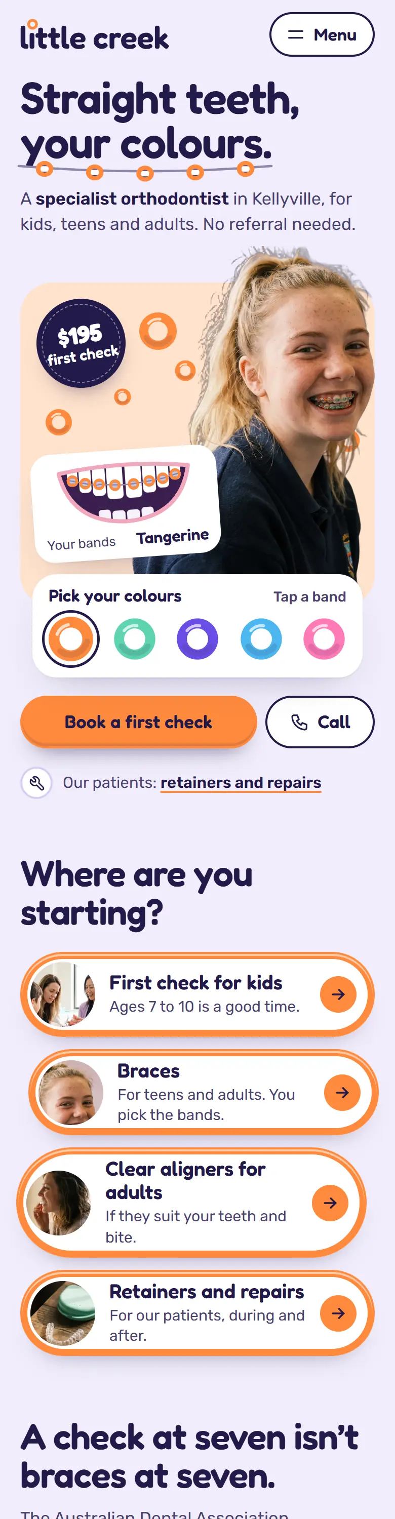 Example homepage for Little Creek Orthodontics, a fictional orthodontic practice in Kellyville