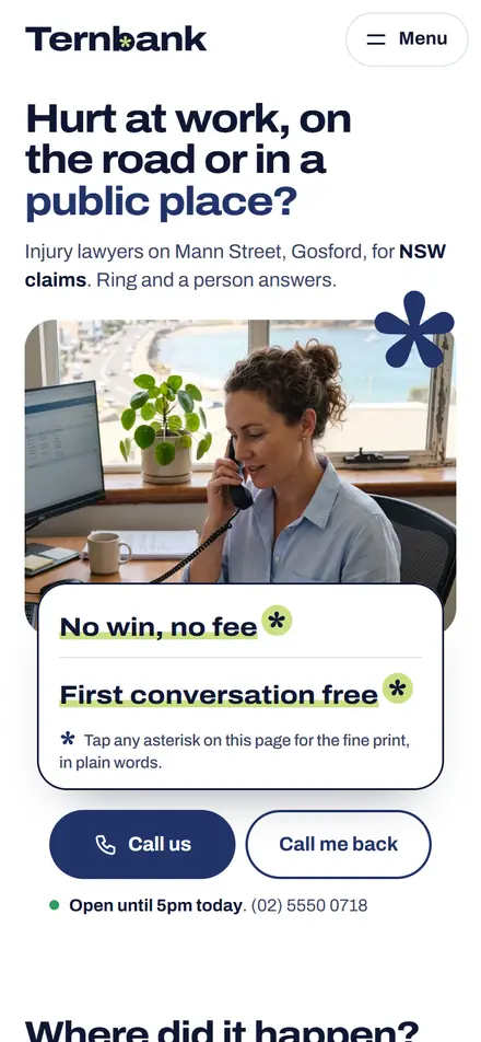 Example homepage for Ternbank Compensation Lawyers, a fictional personal injury firm in Gosford