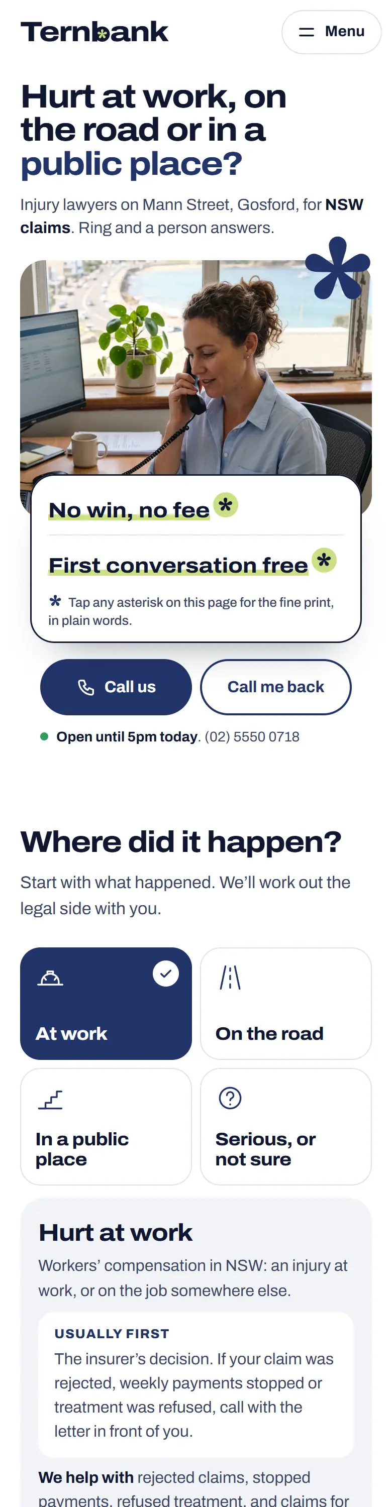 Example homepage for Ternbank Compensation Lawyers, a fictional personal injury firm in Gosford